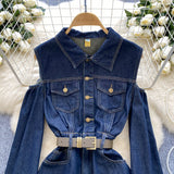 Belted Waist Button Off-Shoulder Denim Dress