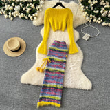 Bright Yellow Sweate Colorful Knit Skirt Set