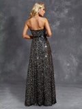 Sequin Belt Sheer Waist Black Prom Dress