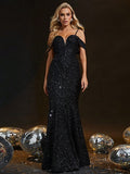 Black Trumpet Mermaid Off The Shoulder Sequin Prom Dress