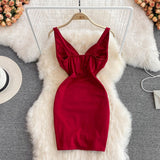 V Neck Bold Red Bodycon Dress