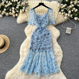 Floral Patterns Ruched Light Blue Mesh Dress