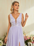 Lavender Lace Backless V Neck Appliques Prom Dress With Slit