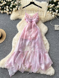 Cascading Ruffled Layers Spaghetti Straps Pink Tie Dye Dress