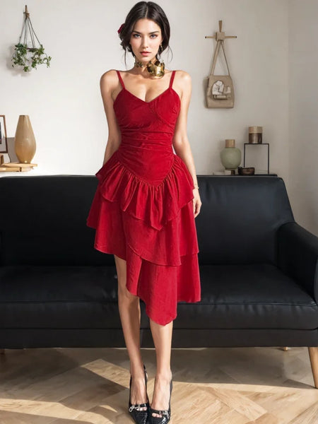 Ruffles Floral Red Asymmetrical Dress