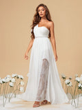 One Shoulder Chiffon Pearl Belt Wedding Dress With Slit