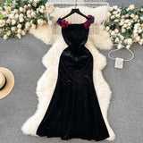 Floral Applique Flared Hem Velvet Gown