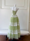 Green Tulle A Line Ruffles Lace Party Dress