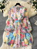 Balloon Sleeves Waist Knot Floral Lace Dress