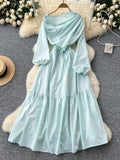 Asymmetrical Puff Long Sleeves Mint Dress