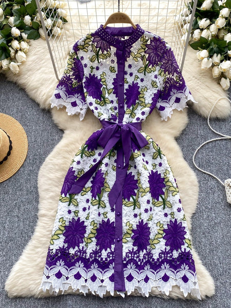 Chic Ribbon Bow Purple Embroidered Lace Dress