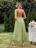 Halter Green Tulle Sequin Backless Prom Dress