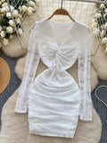 Deep V-Neckline Knotted White Lace Dress