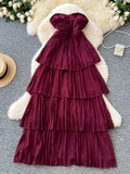 Cascading Pleated Layers Strapless Burgundy Dress