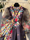 Satin Belt Floral Embroidered Kimono Maxi Dress