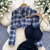 Plaid Cropped Jacket Ruched Maxi Dress Two-Piece Set