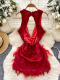 Feather Red Sequin Embellished Sleeveless Dress