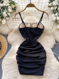 Ruched Black Lace Spaghetti Strap Bodycon Dress