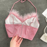 Soft Feather Trim Sparkling Fabric Pink Crop Top