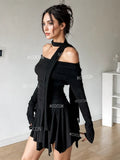 Flowing Hem Cowl Black Long-Sleeve Dress