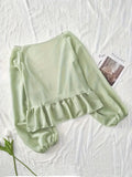 Chiffon Green Long Sleeve Ruffle Hem Blouse