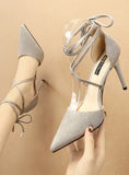 SUEDE POINTED CROSS STRAP BOW STILETTO SHOES