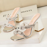 SQUARE-HEADED THICK-HEELED RHINESTONE SLIPPERS SANDALS