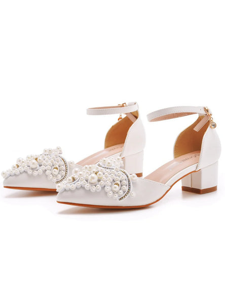 4 CM WHITE BEADED POINTED HEELS SANDALS