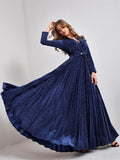 Long Sleeve Navy Bow V Neck Velvet Prom Dress