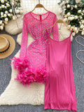 Rhinestones Feathers Vibrant Pink Party Dress