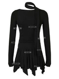 Flowing Hem Cowl Black Long-Sleeve Dress