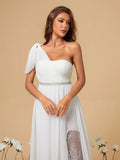 One Shoulder Chiffon Pearl Belt Wedding Dress With Slit