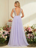 Lavender Lace Backless V Neck Appliques Prom Dress With Slit