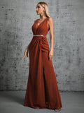 Brown V Neck Chiffon Belt Prom Dress