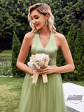 Halter Green Tulle Sequin Backless Prom Dress