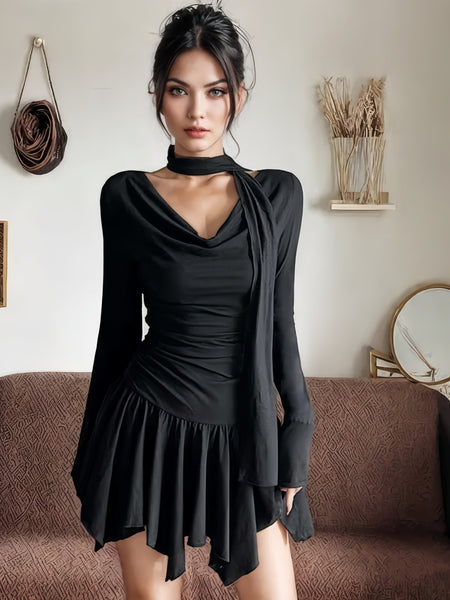 Flowing Hem Cowl Black Long-Sleeve Dress