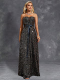 Sequin Belt Sheer Waist Black Prom Dress