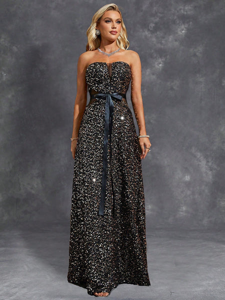 Sequin Belt Sheer Waist Black Prom Dress