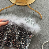 Feather Trim Black Sequin Crop Top