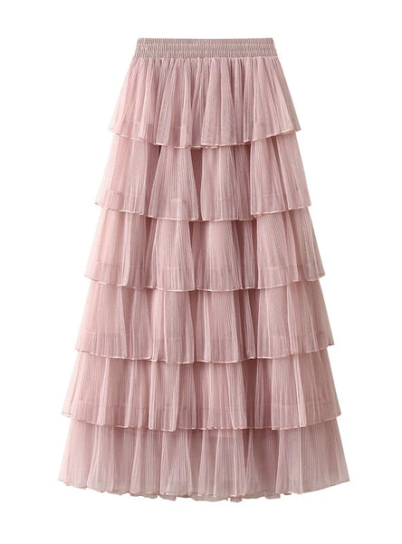 Women Elastic Waist Mesh Pleats Cake Skirt