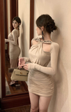 Elegant Beige Bodycon Dress with Cut - out Neck Detail