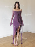 Ruffled Layers Sheer Sleeves Off-Shoulder Purple Dress