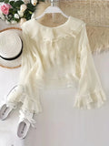 Tie Front Long Flared Sleeve Ruffle Layered Blouse