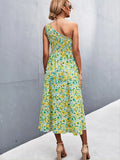 One Shoulder Floral Print Smocked Maxi Dress