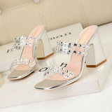 THICK HIGH-HEELED RHINESTONE TRANSPARENT SANDALS