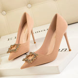 POINTED RHINESTONE SQUARE BUCKLE SUEDE STILETTOS SHOES