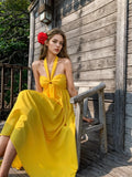 Flowing Bright Yellow Halter Maxi Dress