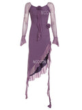 Ruffled Layers Sheer Sleeves Off-Shoulder Purple Dress