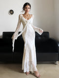 Flowing Sleeves Ethereal White Lace Dress