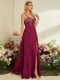 Burgundy Chiffon A Line Sheer Lace Prom Dress With Slit